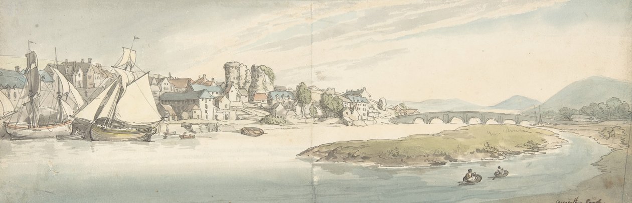 Uitzicht op stad aan een rivier Carwitham Kasteel, 1775-1827 door Thomas Rowlandson