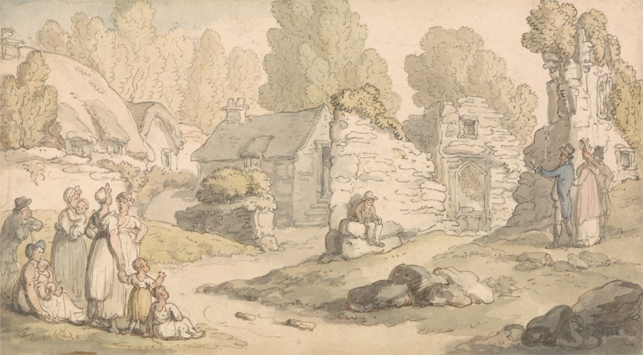 Bezoekers bekijken de ruïnes van de abdij door Thomas Rowlandson