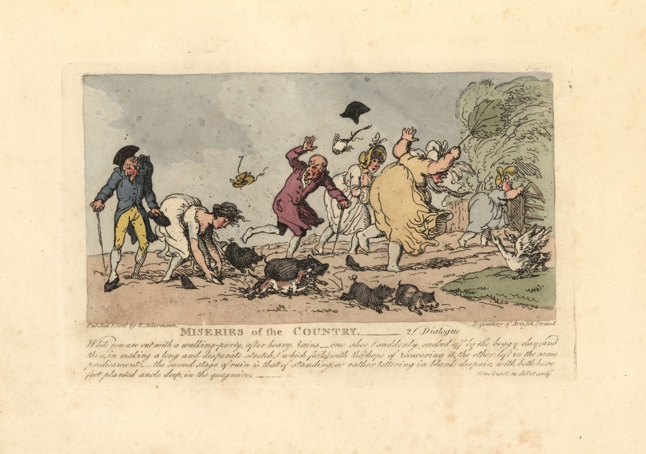Vrouw op het punt om te vallen met haar schoenen vast in de modder door Thomas Rowlandson