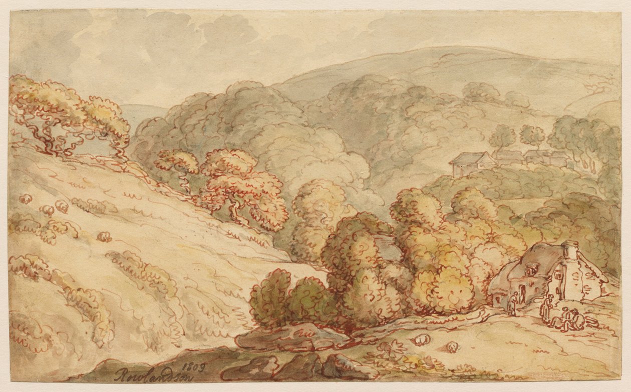 Bebost heuvellandschap met huisje en figuren door Thomas Rowlandson