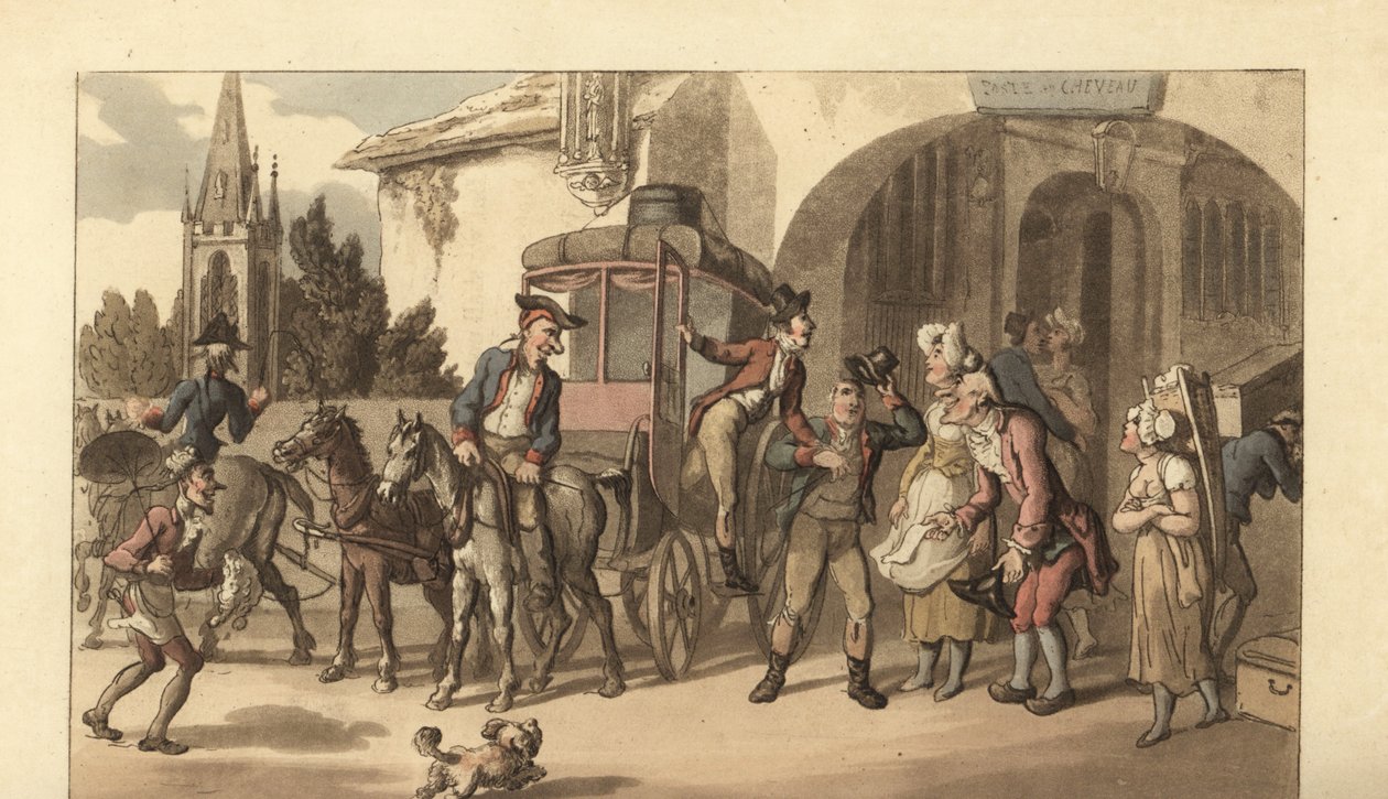 Jonge Engelse heer die aankomt bij een Franse postkoets door Thomas Rowlandson