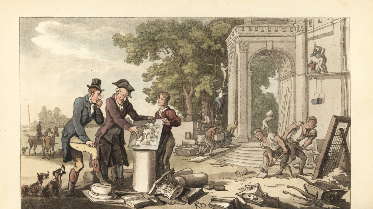 Jonge Engelse heer bouwt een statig huis door Thomas Rowlandson