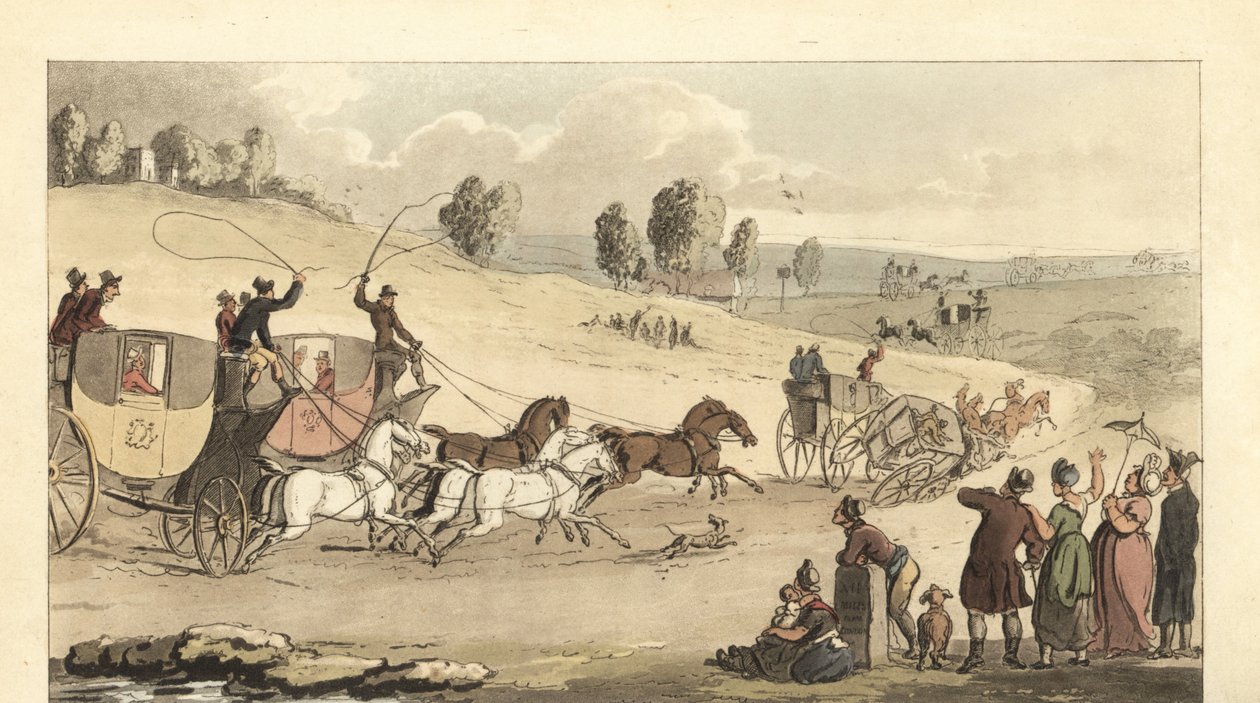 Jonge Engelse heren die vierspan koetsen racen op een weg door Thomas Rowlandson