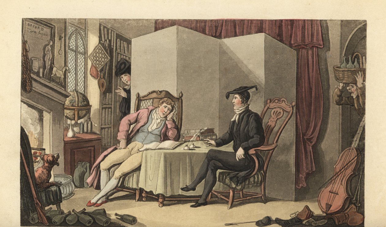 Jonge heer in zijn kamers op de universiteit door Thomas Rowlandson