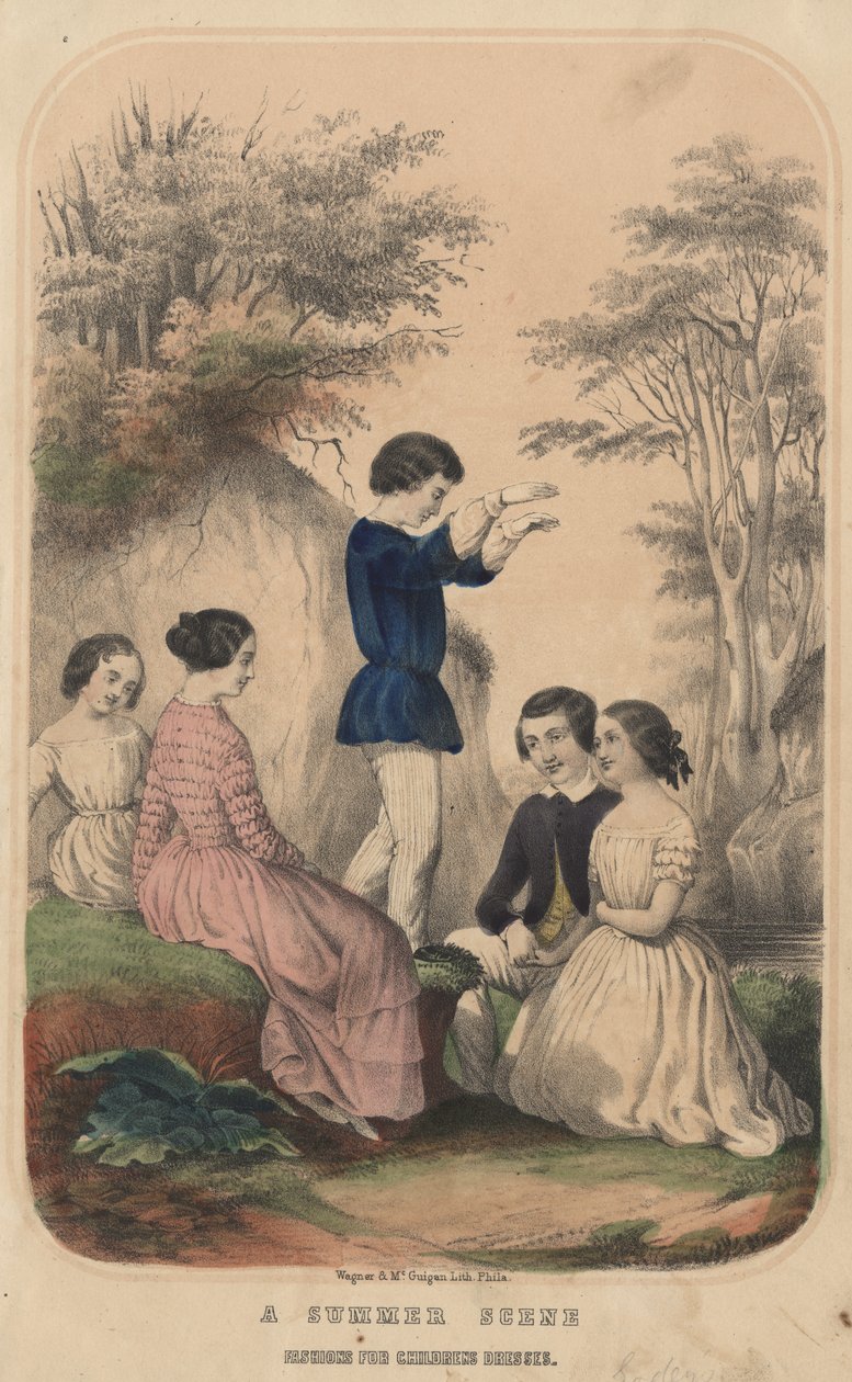 Een Zomers Tafereel, Mode voor Kinderjurken, litho door Wagner und McGuigan, 1850 door Thomas S. Wagner