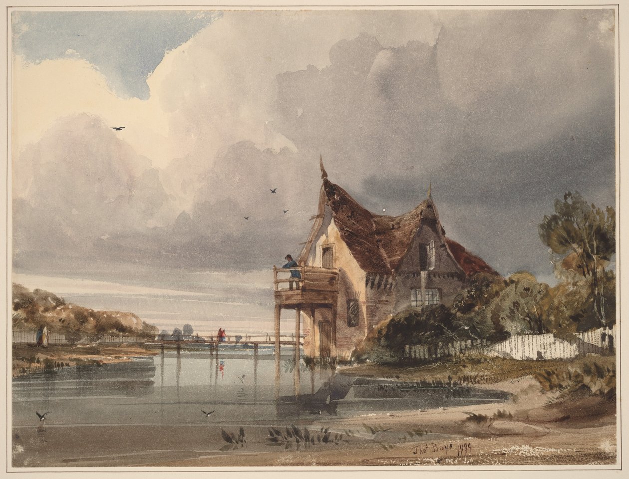 Een rivier en een cottage met een wit hek door Thomas Shotter Boys