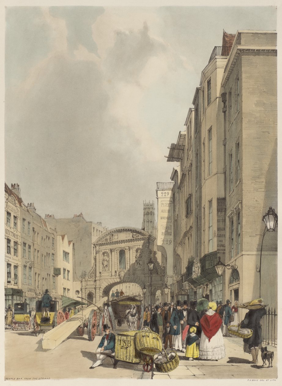 Londen zoals het is: Temple Bar, vanaf de Strand door Thomas Shotter Boys