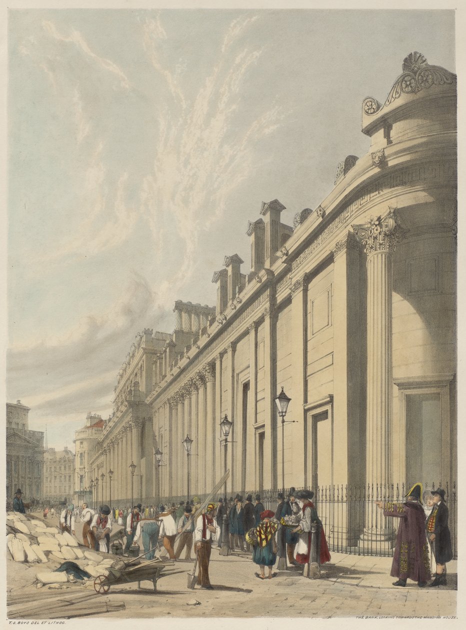 Londen zoals het is: De Bank, kijkend naar het Mansion House door Thomas Shotter Boys