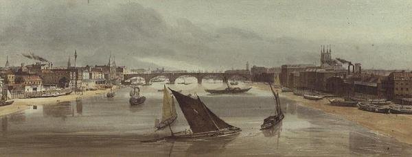 London Bridge vanaf Southwark Bridge (Monument links) door Thomas Shotter Boys