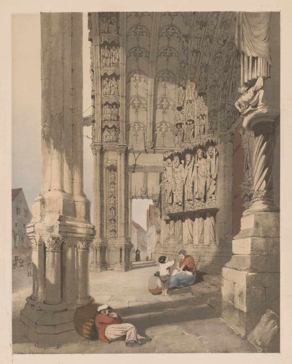 Pittoreske architectuur in Parijs, Gent, Antwerpen, Rouen, enz.: Zuidportaal van de kathedraal van Chartres door Thomas Shotter Boys