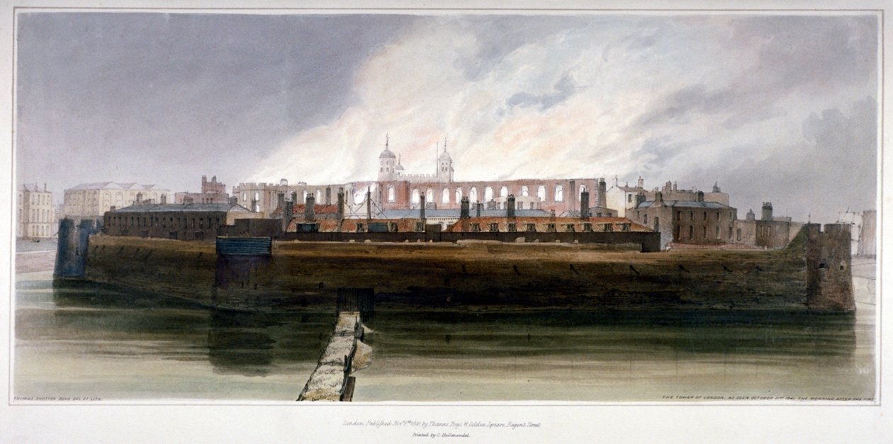 De Tower of London de ochtend na de brand in de Wapenkamer op 30 oktober 1841 door Thomas Shotter Boys