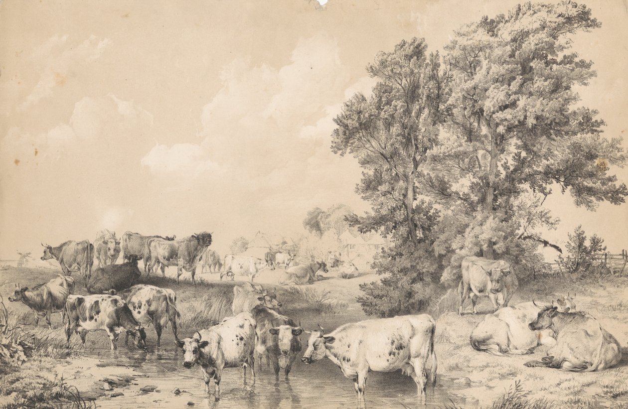 Een kudde runderen aan een rivieroever door Thomas Sidney Cooper