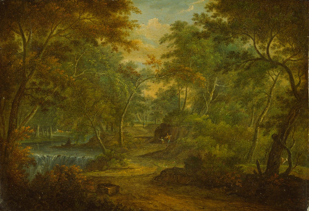 Een bebost landschap met een stroom en een visser door Thomas Smith of Derby