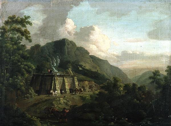 Boslandschap, met arbeiders en paarden die een kalkoven bewerken door Thomas Smith of Derby