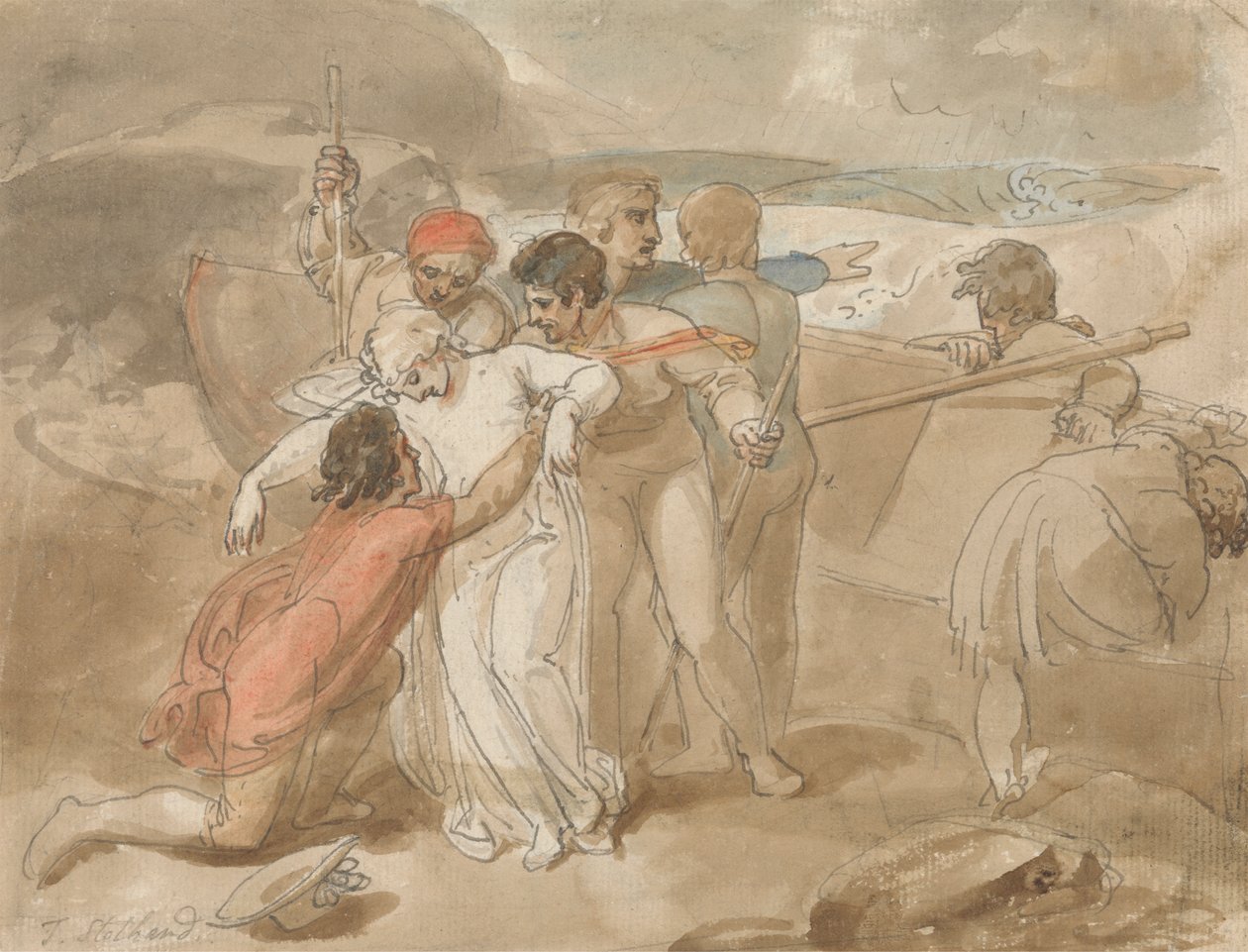 Een Vrouw Gered uit de Zee en Aan Wal Geholpen, Roeiboot en Redders op de Achtergrond door Thomas Stothard