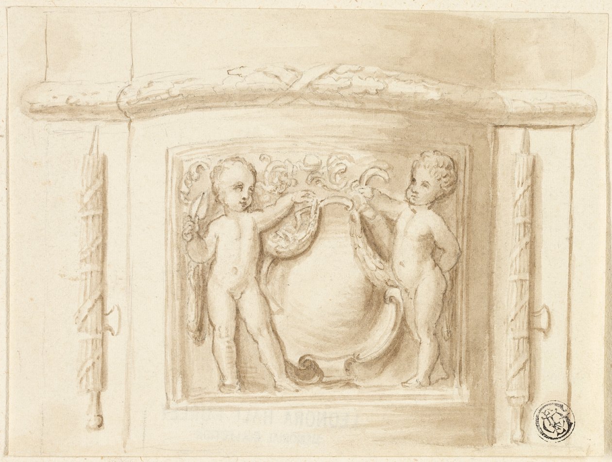 Basis van Pilaster met Reliëf, met 2 Putti, Schild door Thomas Stothard