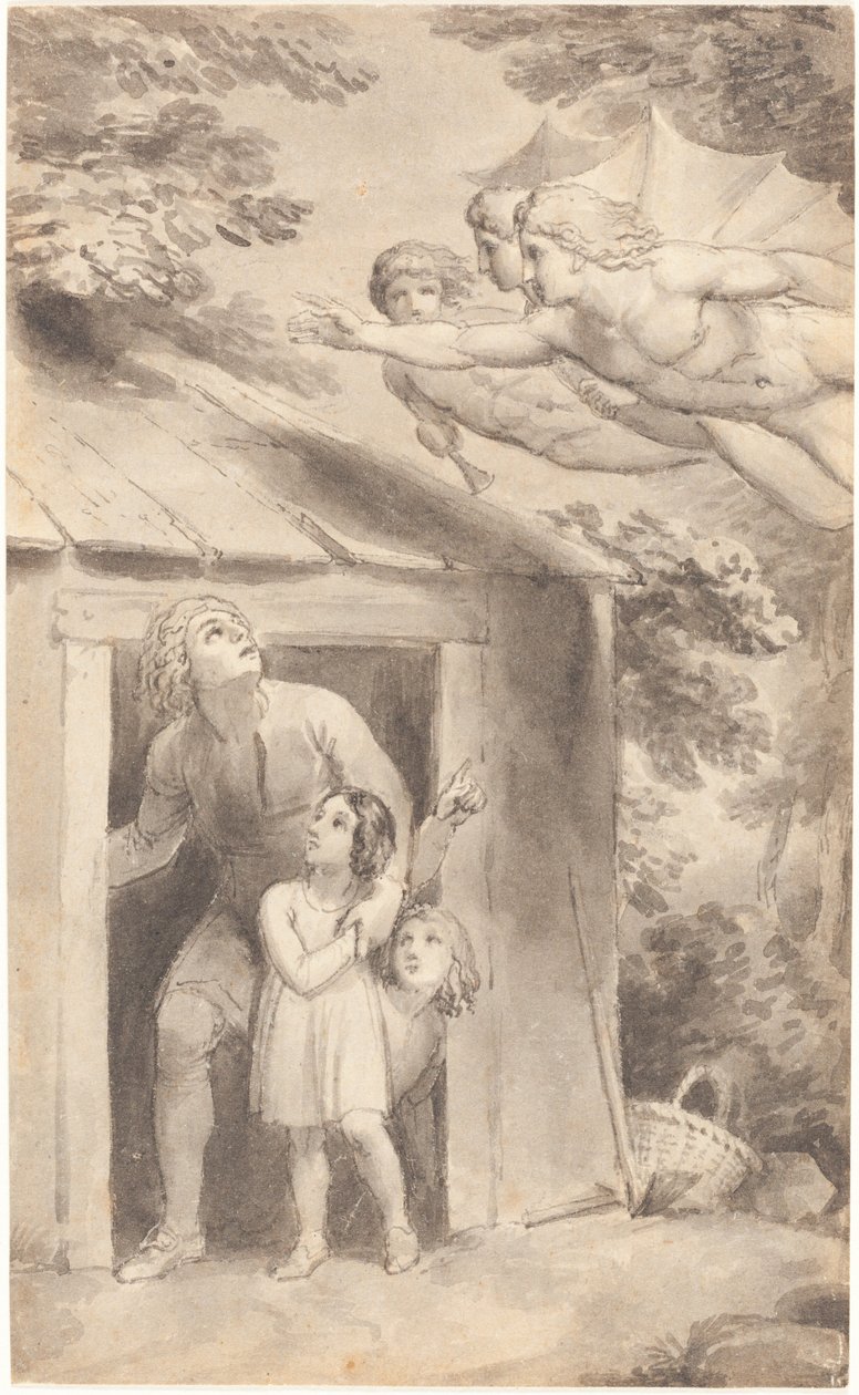 Petrus en zijn kinderen bezocht door drie vliegende figuren door Thomas Stothard