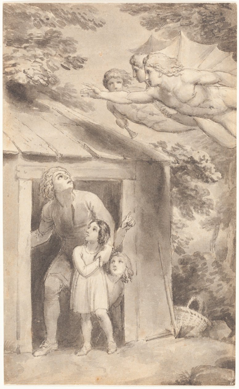 Peter en zijn kinderen bezocht door drie vliegende figuren door Thomas Stothard