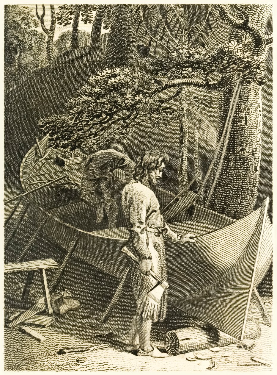 Robinson Crusoe en Vrijdag maken een boot uit 