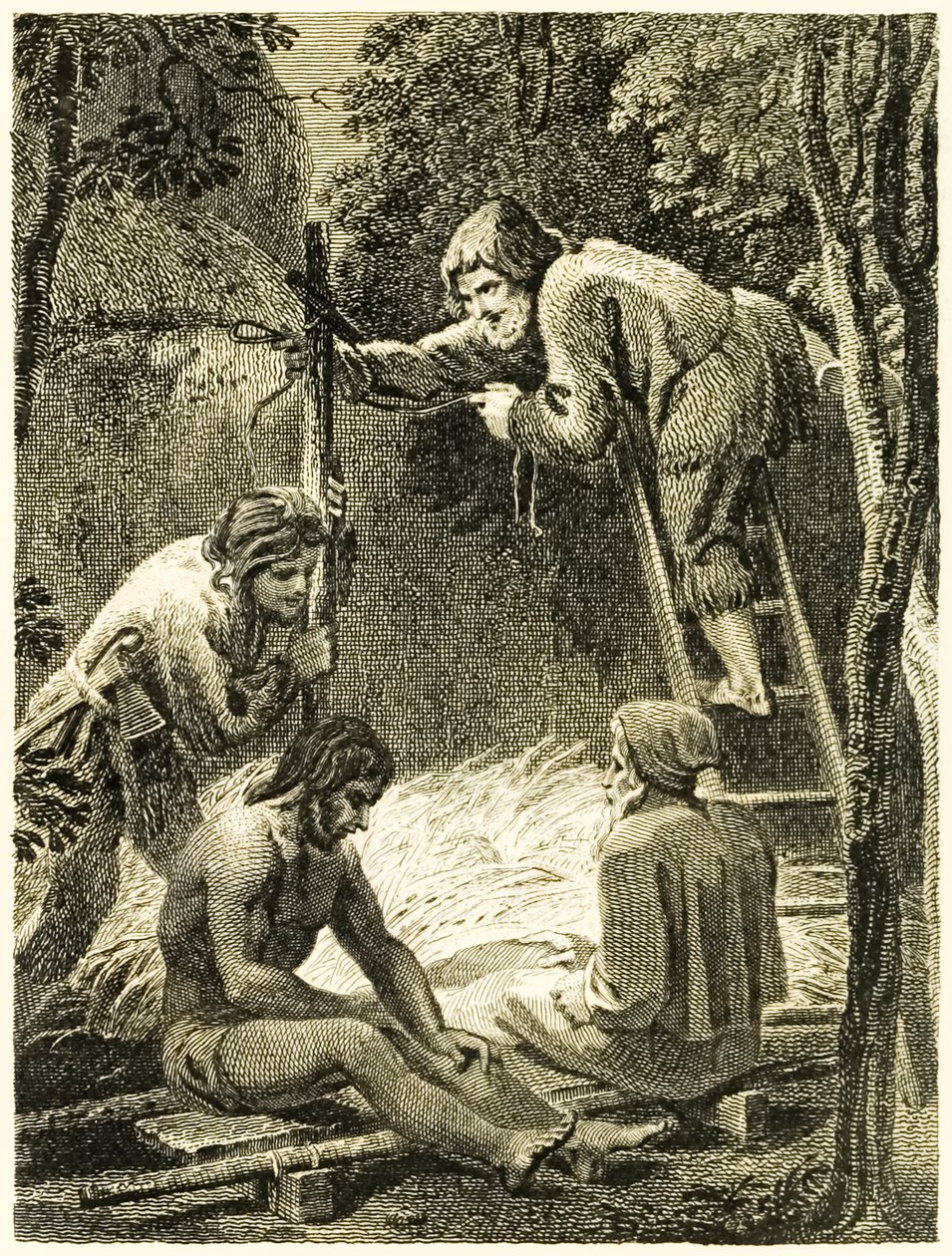 Robinson Crusoe en Vrijdag maken een tent om Vrijdag