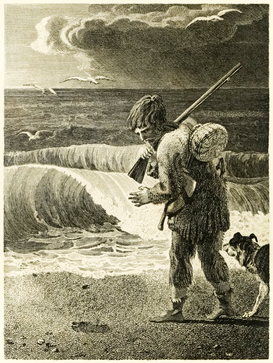 Robinson Crusoe ontdekt de afdruk van een voet uit 