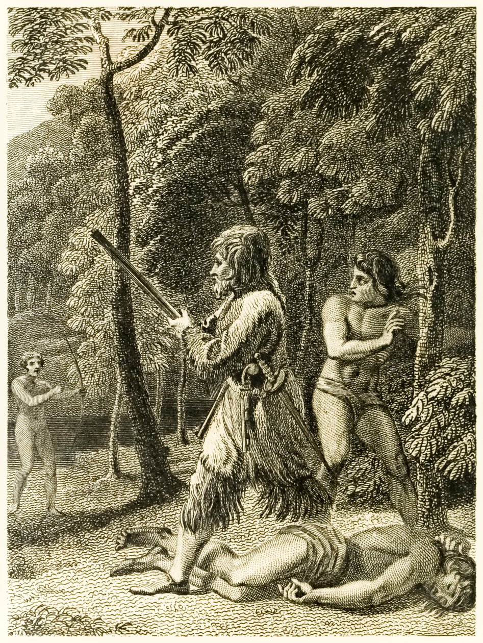 Robinson Crusoe ziet en redt zijn man Vrijdag voor het eerst uit 