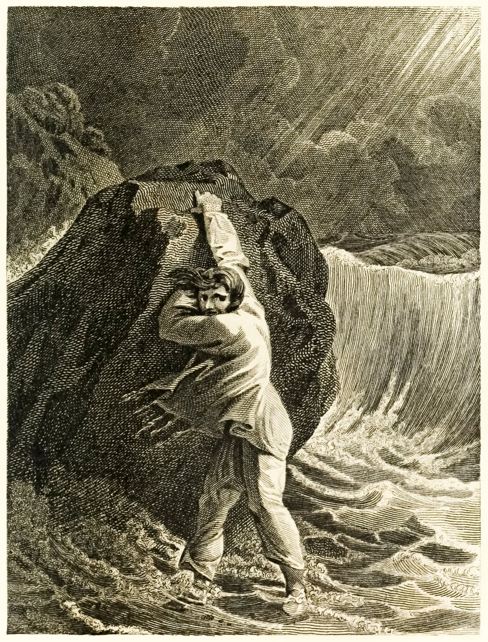 Robinson Crusoe schipbreukeling en vastklampend aan een rots uit 
