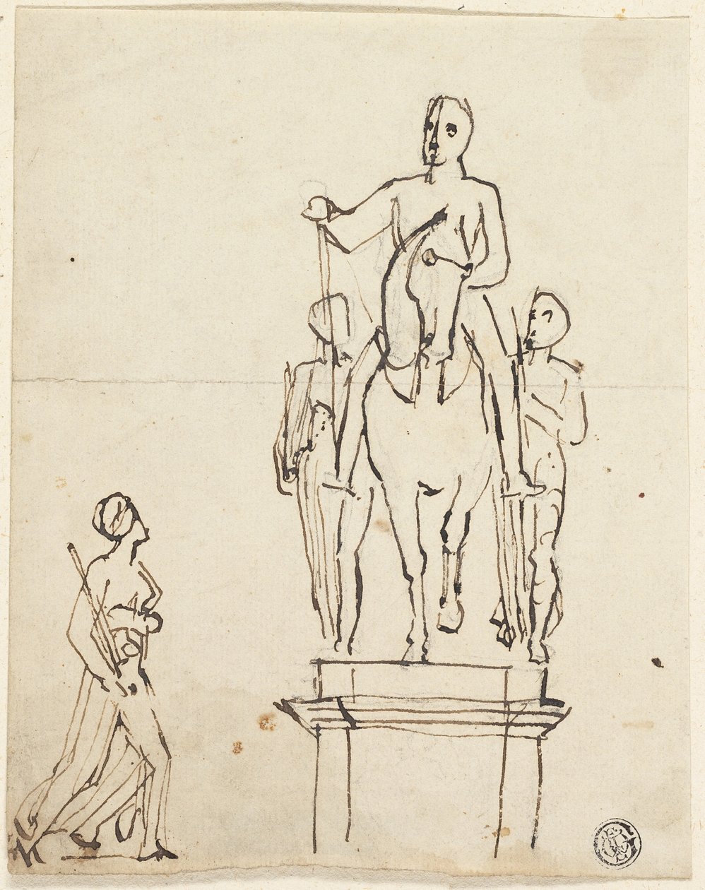 Beeldhouwwerk van ruiter vergezeld door twee staande figuren, met schets van een van de laatsten door Thomas Stothard