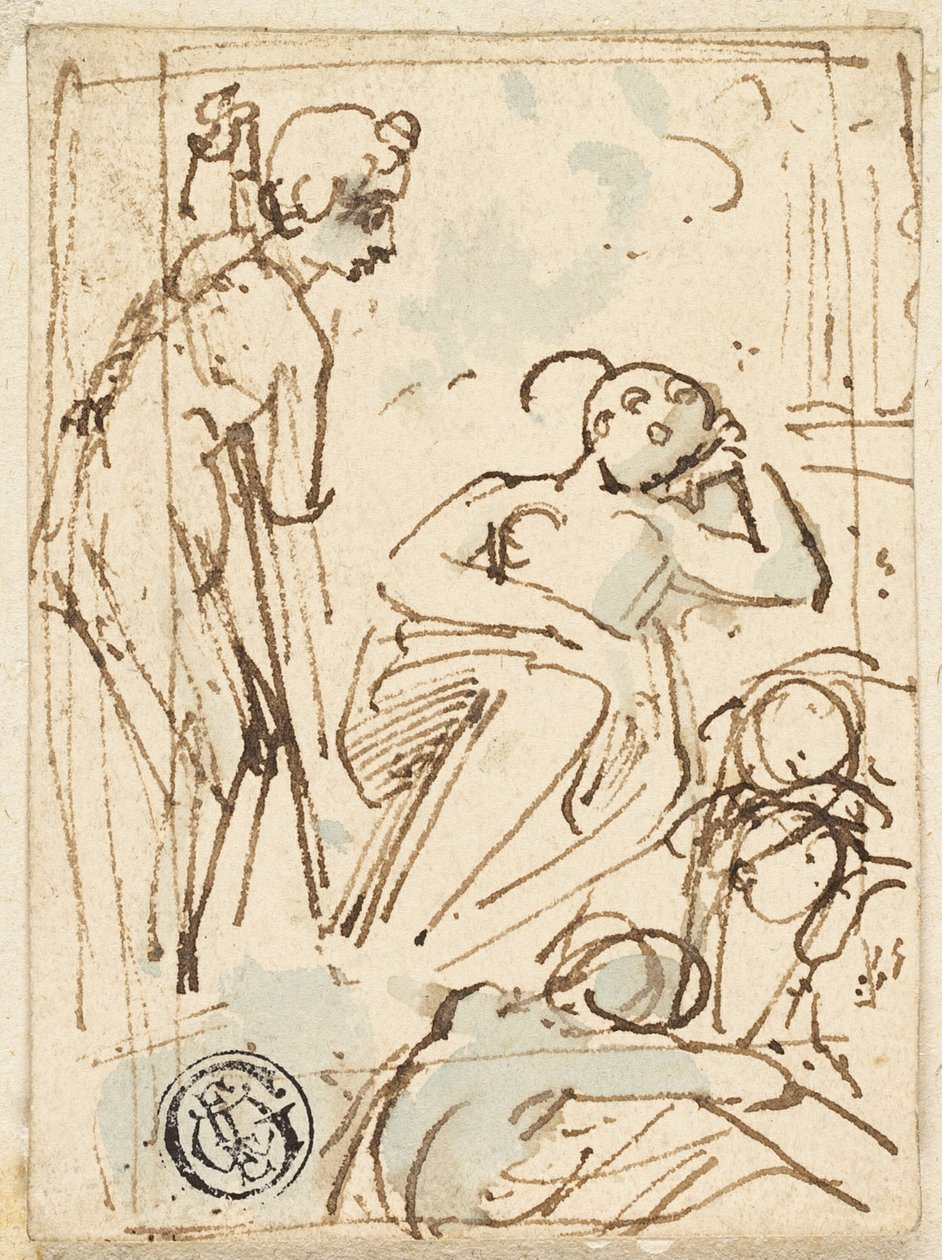 Schets van een man leunend op een staf, kijkend naar een slapende vrouw door Thomas Stothard