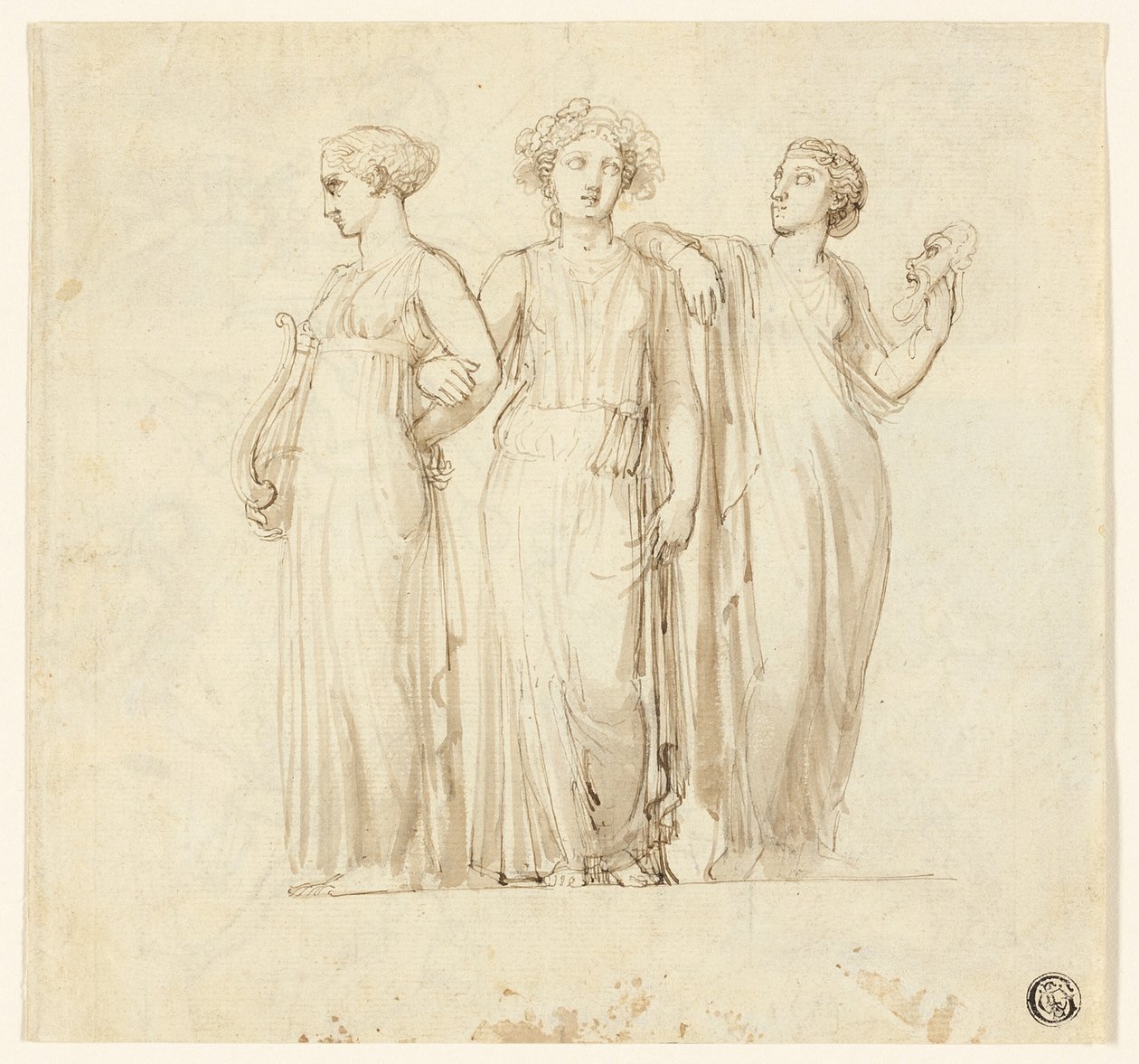 Drie Muzen (recto); Studie van Ridder en Monnik voor een Illustratie in een Gotische Roman (verso) door Thomas Stothard