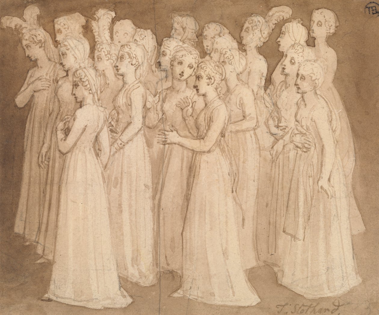 Twintig Jonge Meisjes in een Groep die naar Links Lopen door Thomas Stothard