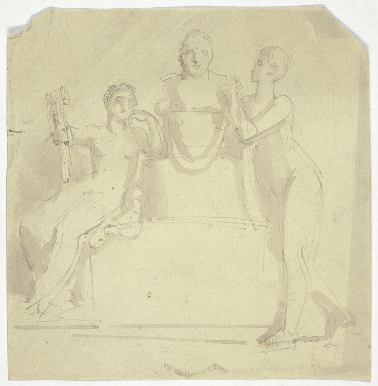 Twee vrouwelijke figuren met een buste door Thomas Stothard