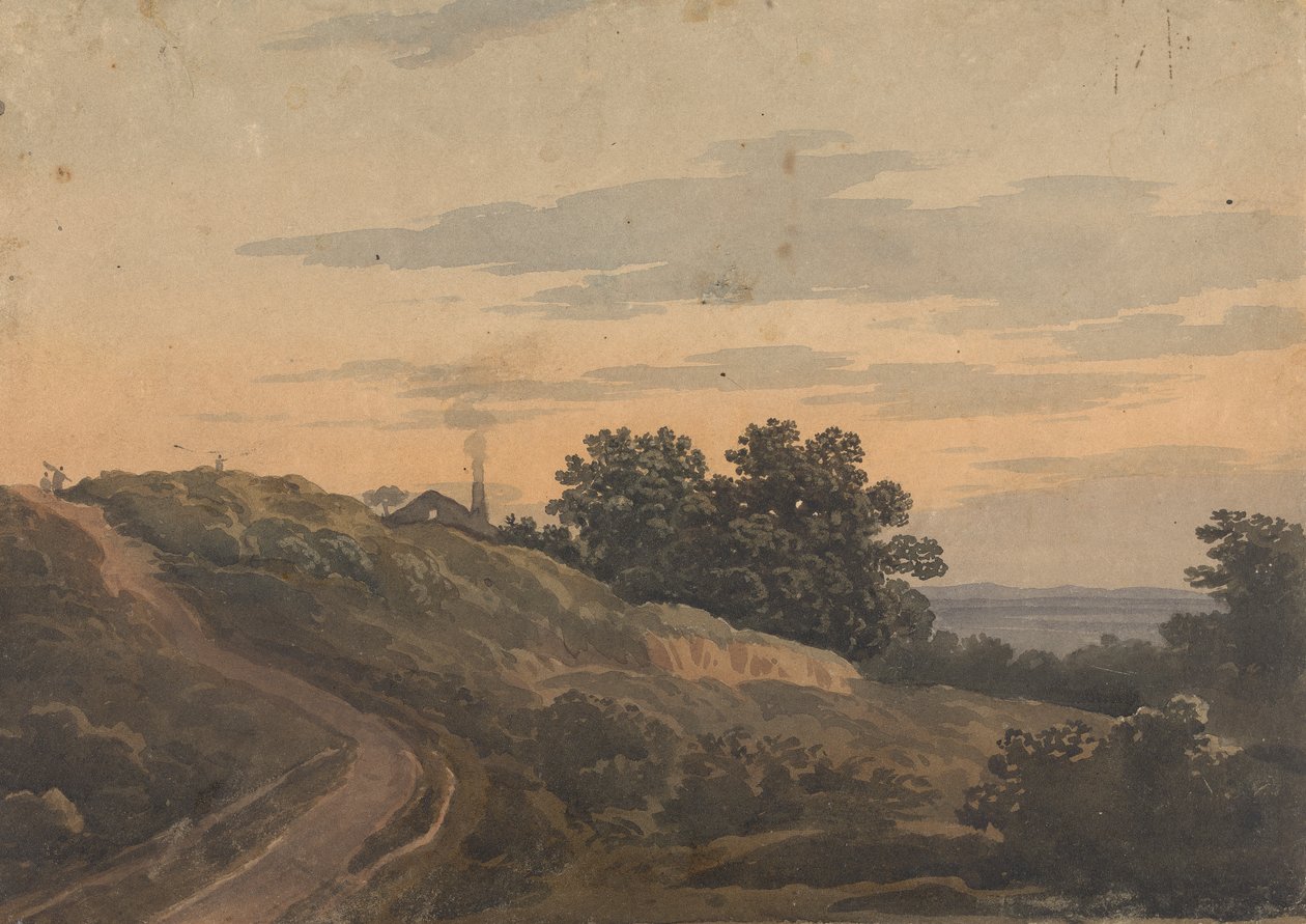 Heuvelachtig landschap met huis, pad en figuren door Thomas Sully
