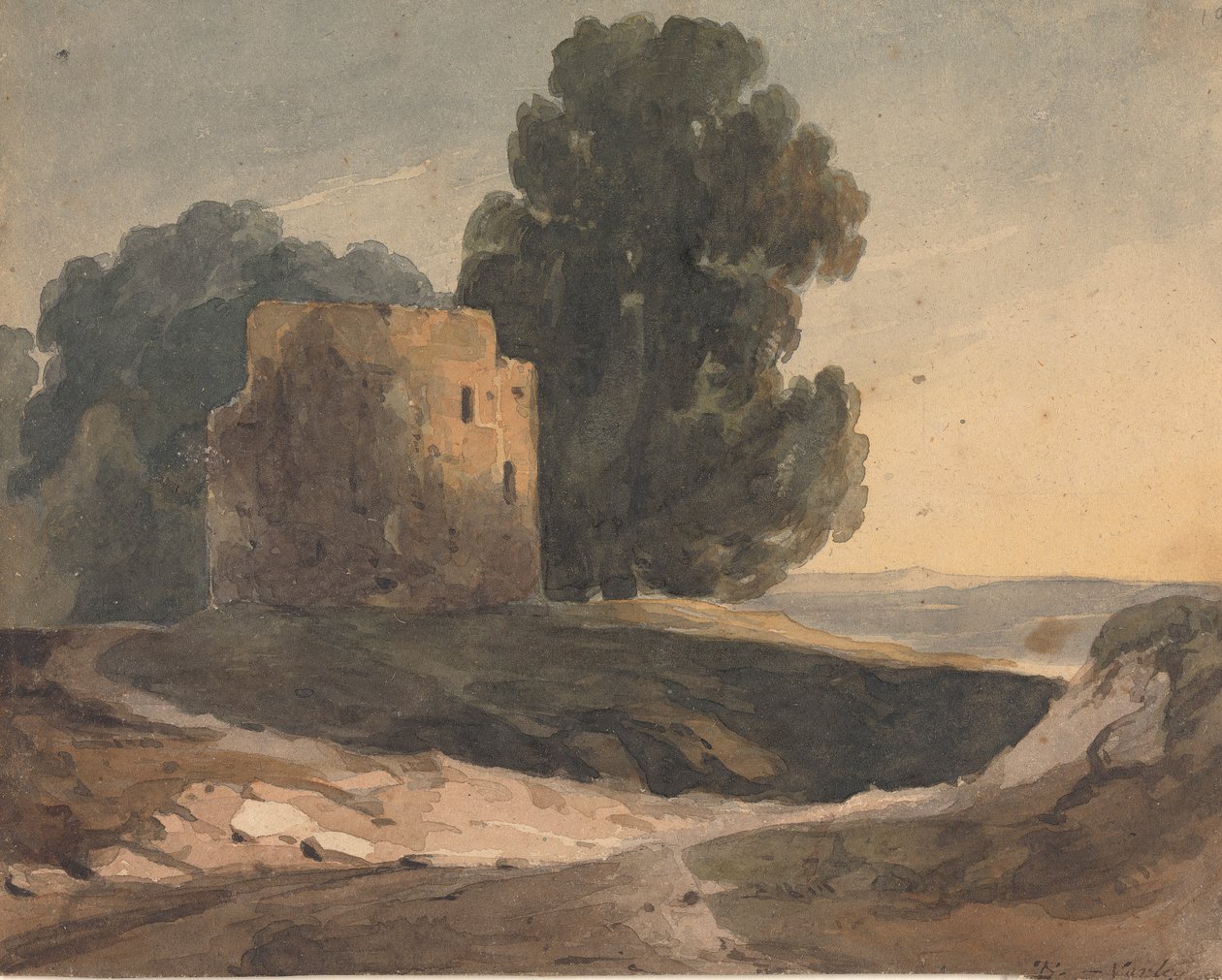 Landschap met verwoest kasteel, bomen door Thomas Sully