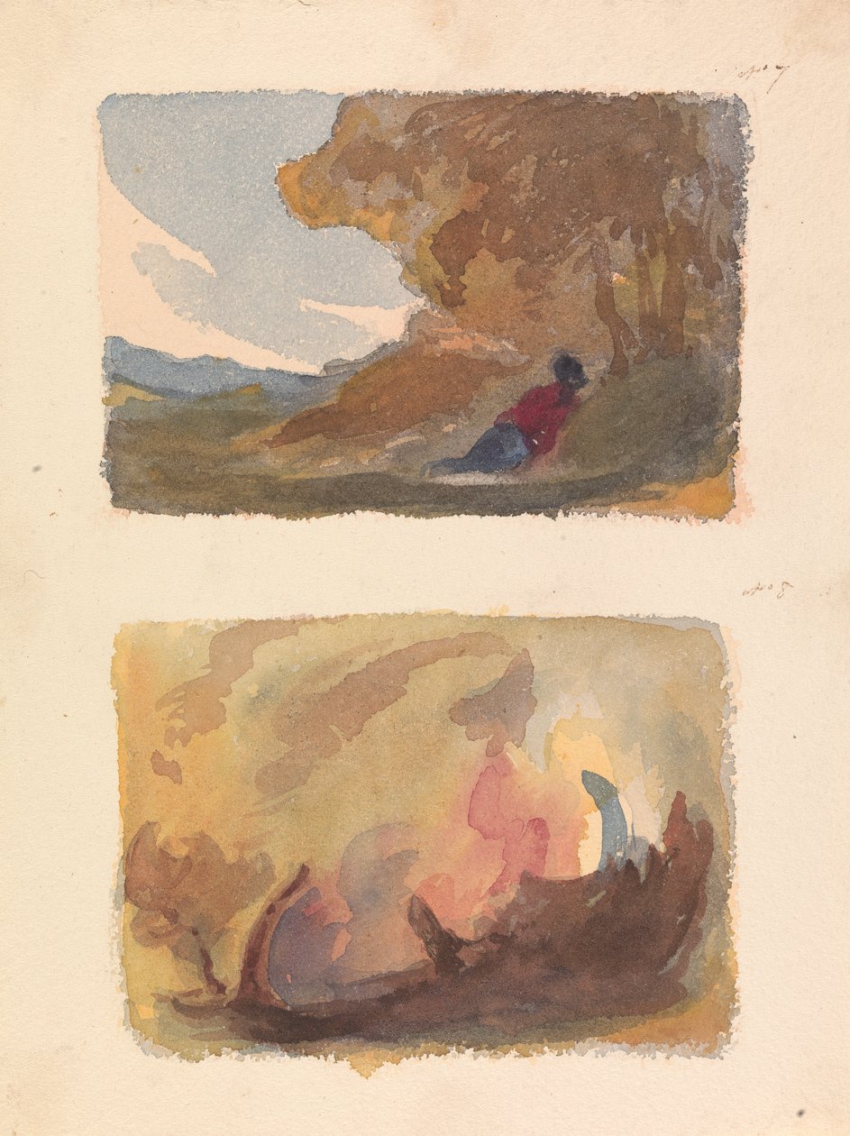 Twee tekeningen op één blad: Landschap met figuur liggend tegen heuvel - Titian en Venetiaanse school (nr. 7); Landschap - Verscheidenheid aan aquarelwassen (nr. 8) door Thomas Sully