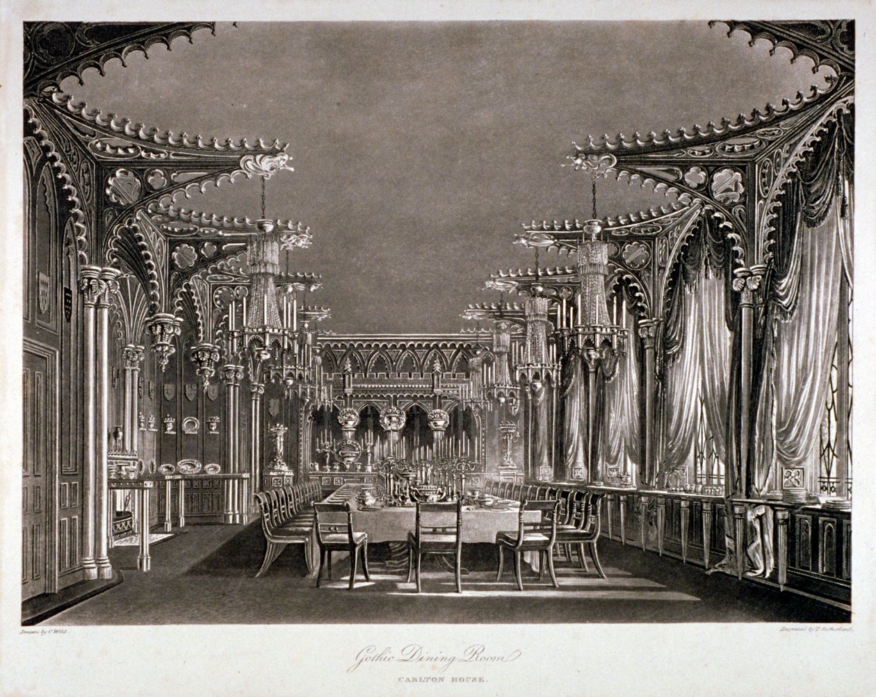 Interieur van de gotische eetkamer in Carlton House, Westminster, Londen, 1819 door Thomas Sutherland