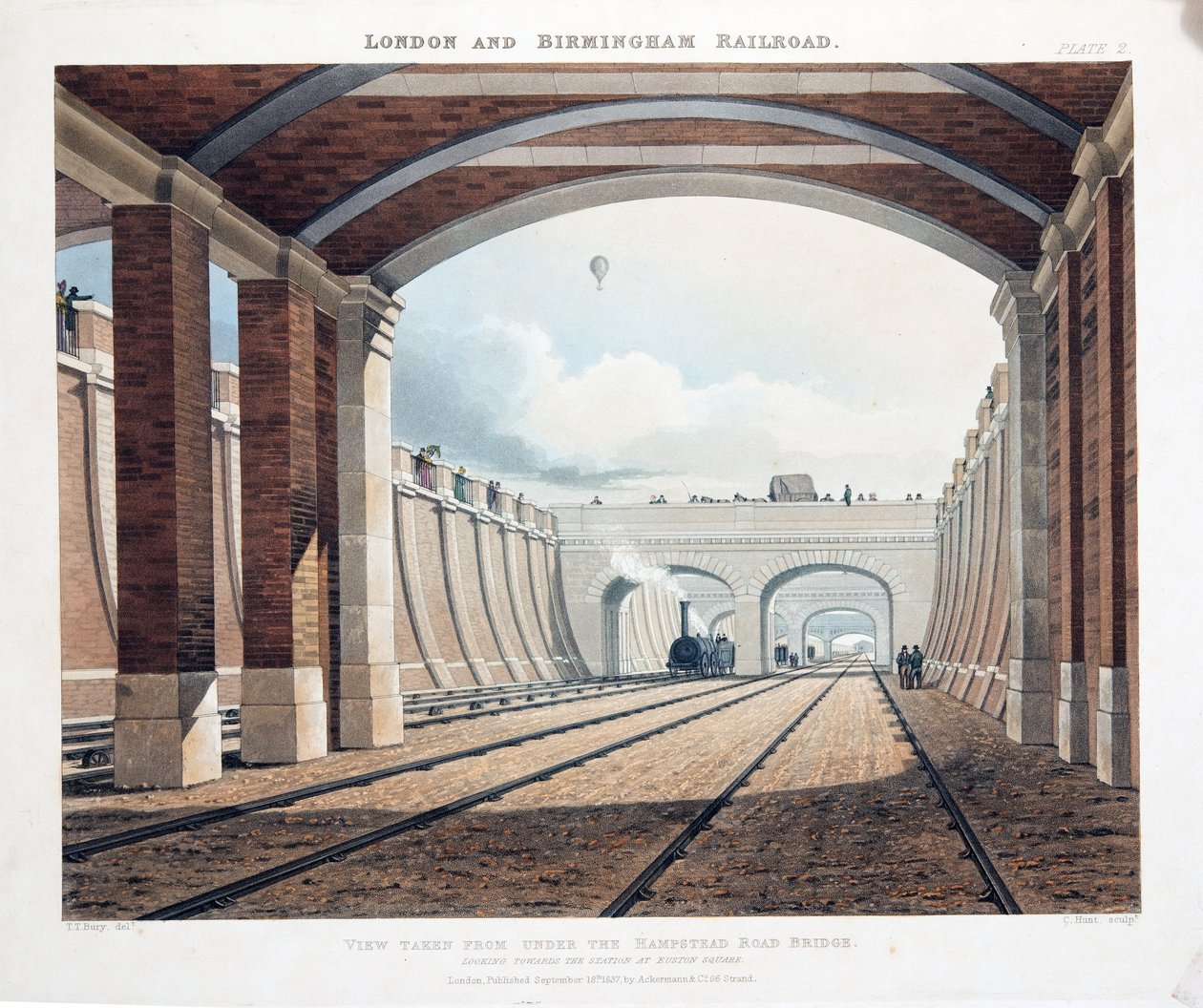 Gezicht genomen van onder de Hampstead Road Bridge, kijkend naar het station op Euston Square, 1837 door Thomas Talbot Bury