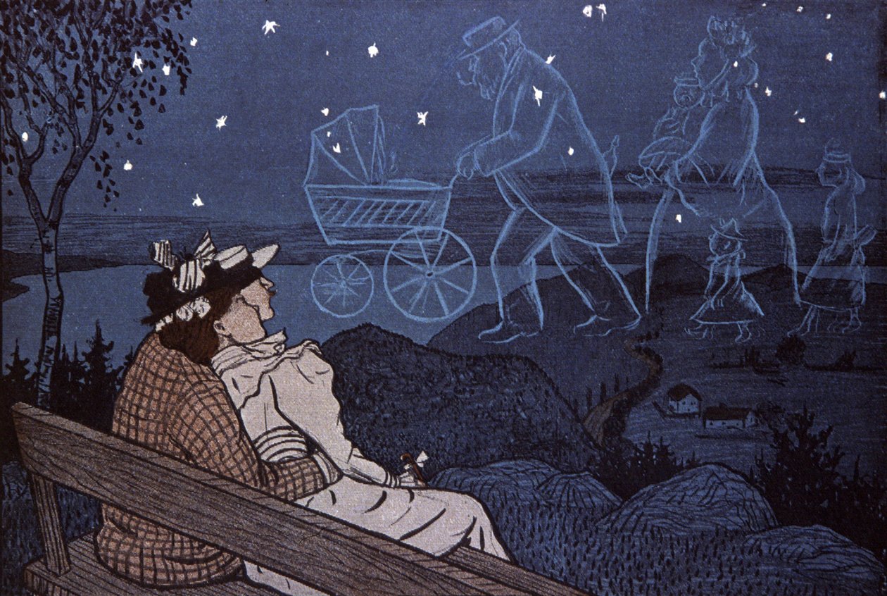Koppel buiten, kijkend naar hun toekomst in de sterren: kinderen, familie. Illustratie door Th.Th. Heine in: Simplicissimus, Duitsland door Thomas Theodor Heine