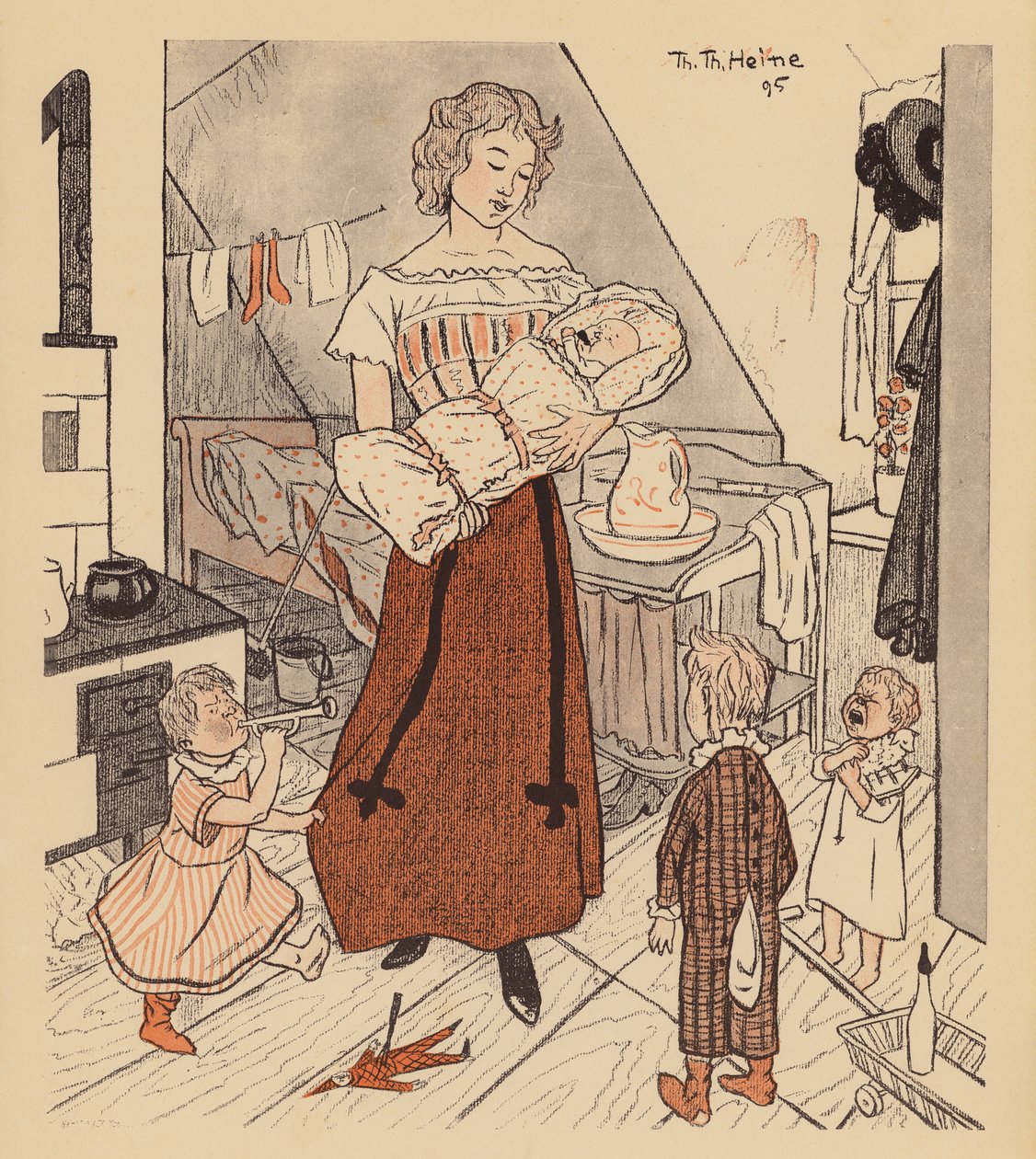 Alleenstaande moeder met haar vier kinderen (kleurenlitho) door Thomas Theodor Heine