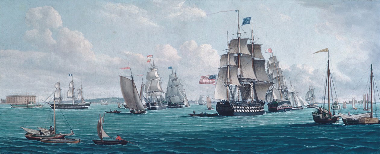 Het Amerikaanse schip Franklin, met een uitzicht op de baai van New York, 1820s of 1830s door Thomas Thompson