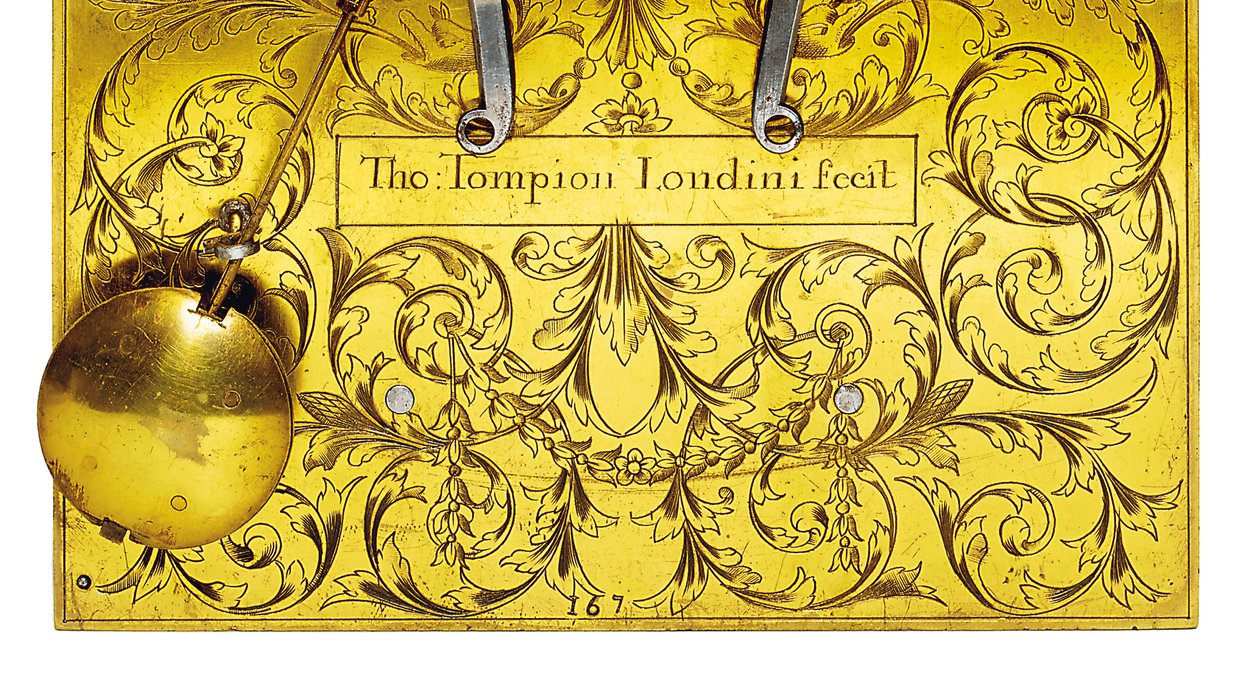 Detail van een William en Mary slagtafelklok met trekkwartier herhaling, nr. 167, ca. 1690 door Thomas Tompion