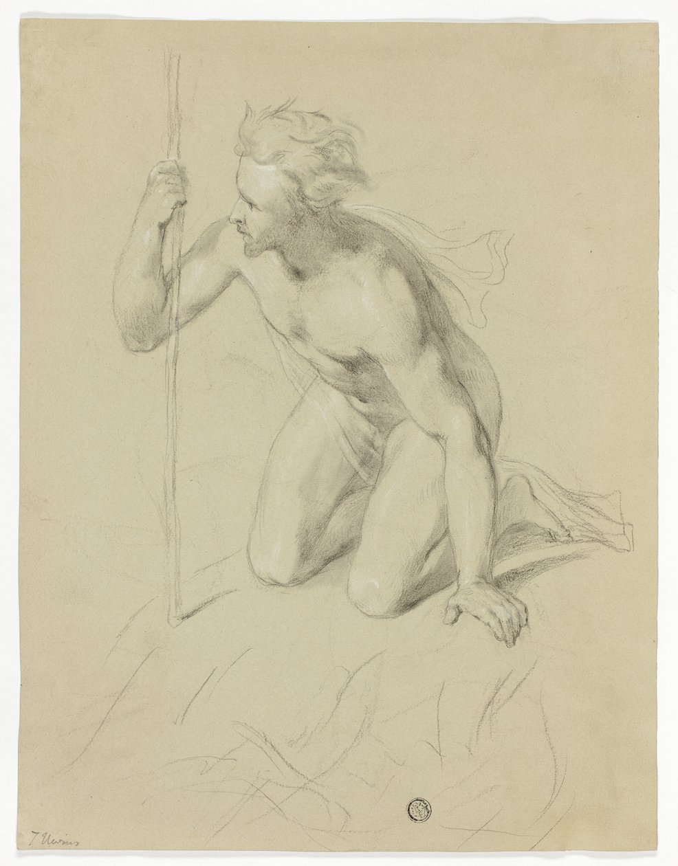Nude Man Kneeling, Holding Staff (recto); Alpine Panorama (verso) door Thomas Uwins