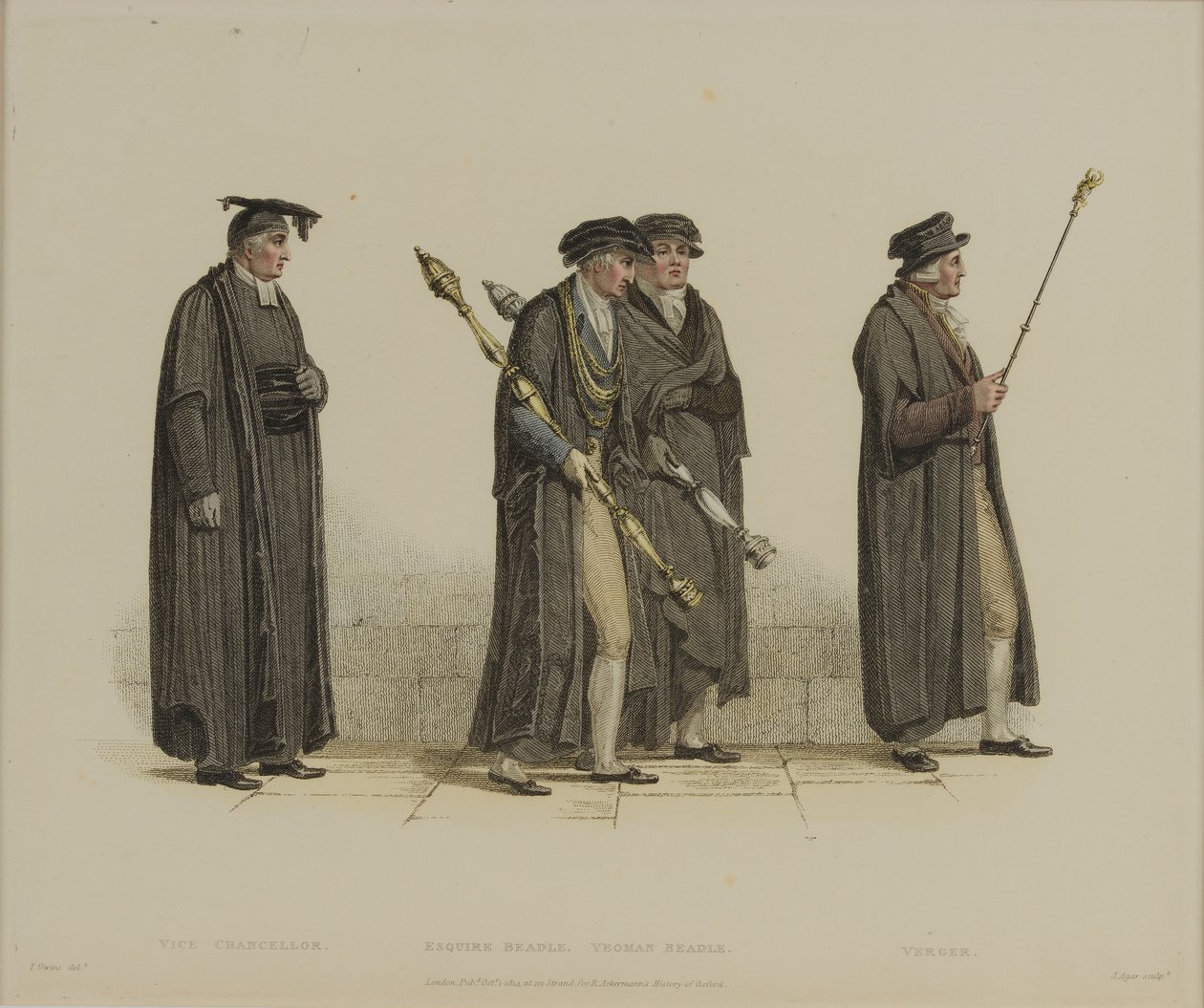 Vicekanselier, Esquire Beadle, Yeoman Beadle, Verger, gegraveerd door J. Agar, gepubliceerd in R. Ackermann