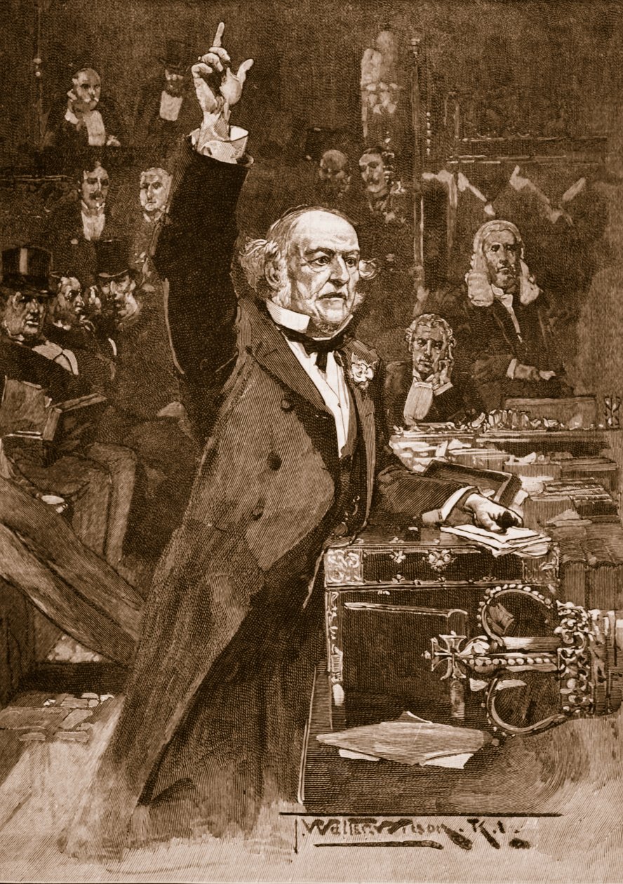 Invoering van de Home Rule Bill: Mr. Gladstone houdt zijn slotrede, 1886, illustratie uit 