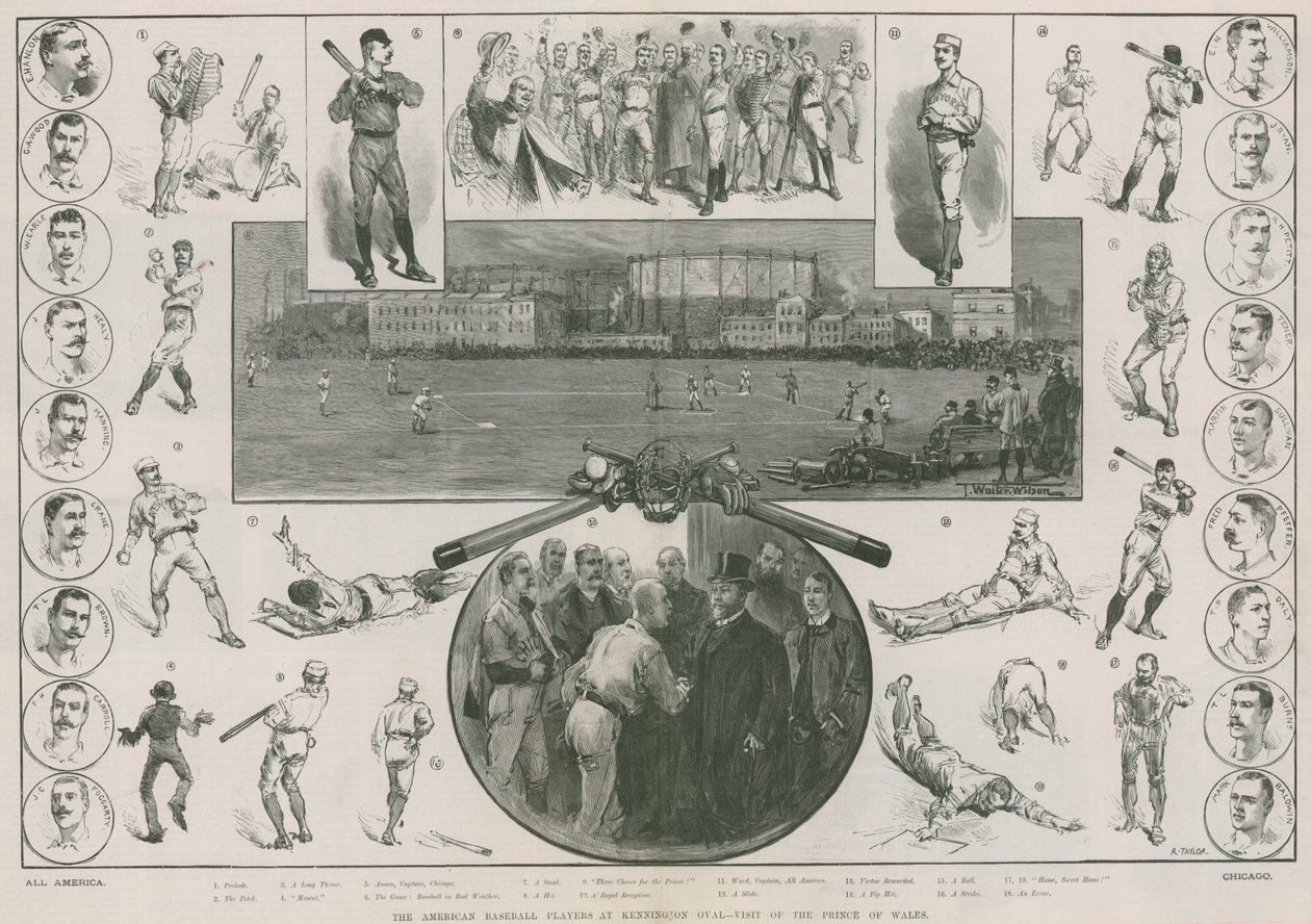 De Amerikaanse honkbalspelers in Kennington Oval - bezoek van de Prins van Wales (gravure) door Thomas Walter Wilson
