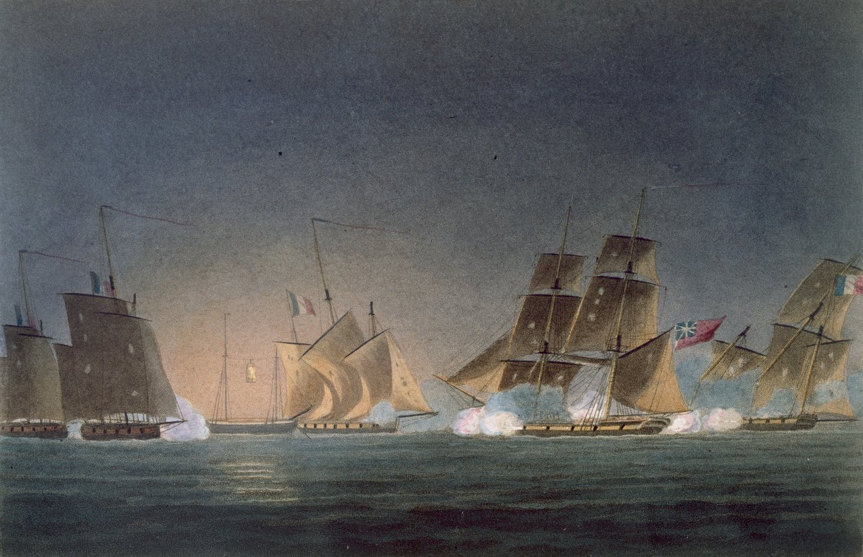 HMS Rinaldo in gevecht met vier Franse Kapers, gegraveerd door J. Bailey voor 