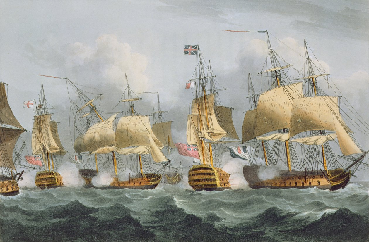 Lord Howe in de Queen Charlotte, doorbreekt de Vijandelijke Linie, 29 mei 1794, gegraveerd door Thomas Sutherland voor J. Jenkins