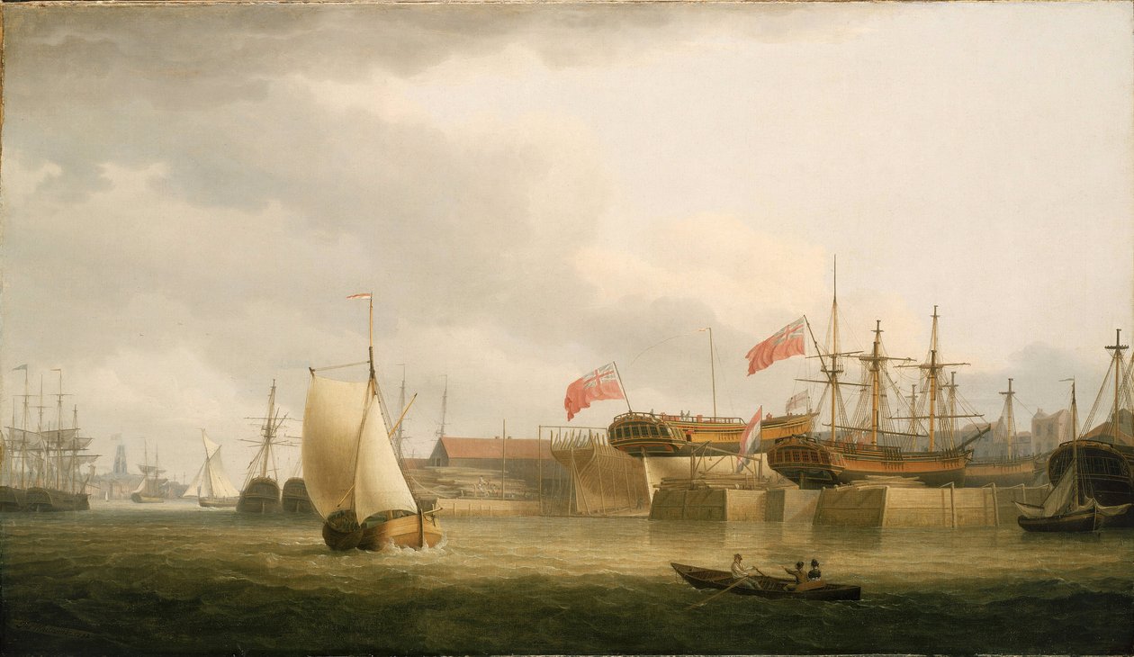 Scheepswerven aan de Theems (Engeland), in Redriff, tegenover de toren van de Sint-Annakerk in Limehouse door Thomas Whitcombe