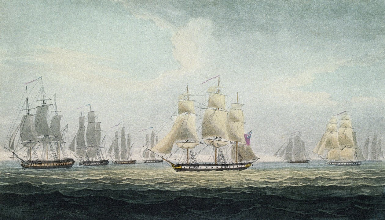 De maritieme manoeuvre van Sir Graham Moore (1764-1843), commandant van het eskader van vier fregatten in de Britse Koninklijke Marine, die een Spaanse schatvloot veroverde, voor de kust van Cadiz, Spanje, op 5 oktober door Thomas Whitcombe