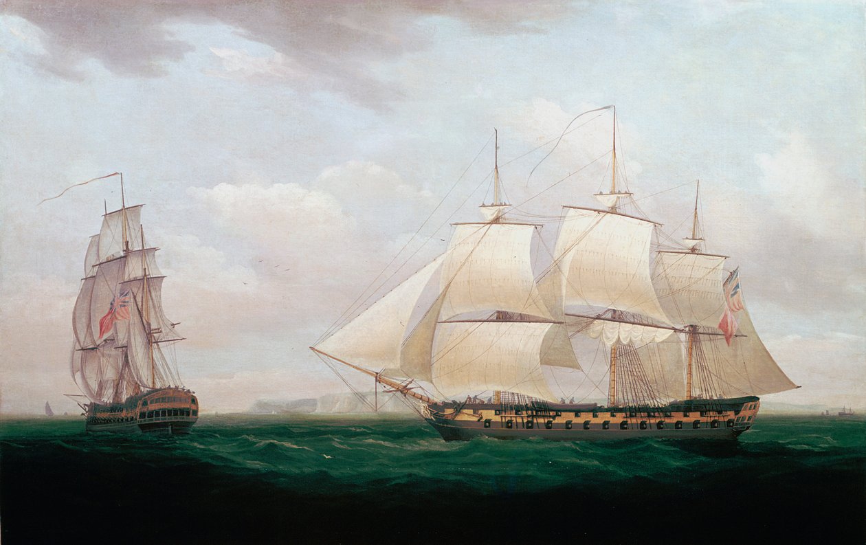 Twee Oost-Indiëvaarders voor een kust, Thomas Whitcombe, c1850 door Thomas Whitcombe